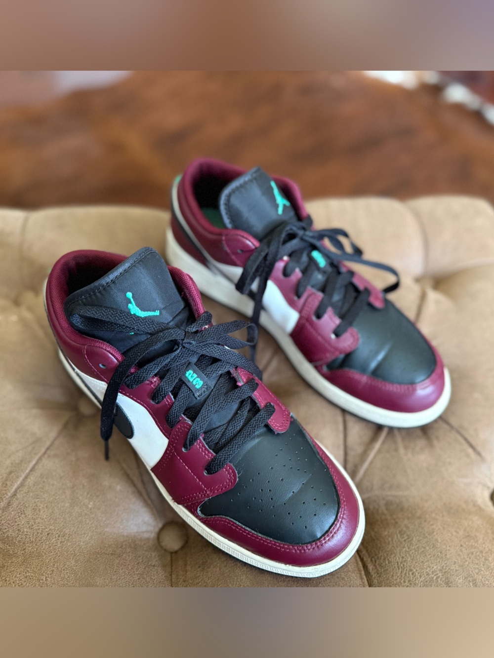 Jordan Low Top Sneakers in Black, Burgundy & Teal